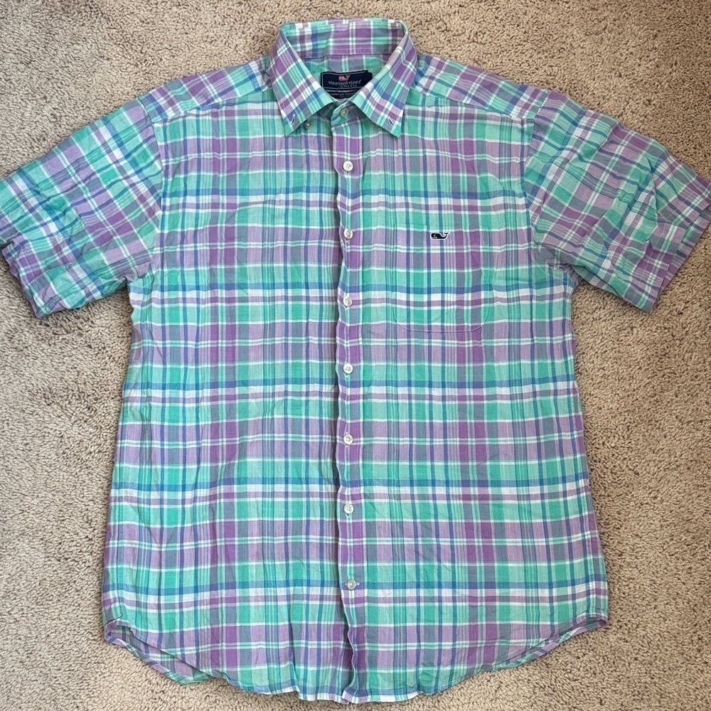 Vineyard Vines Men's Casual Plaid Shirt - Green and Purple